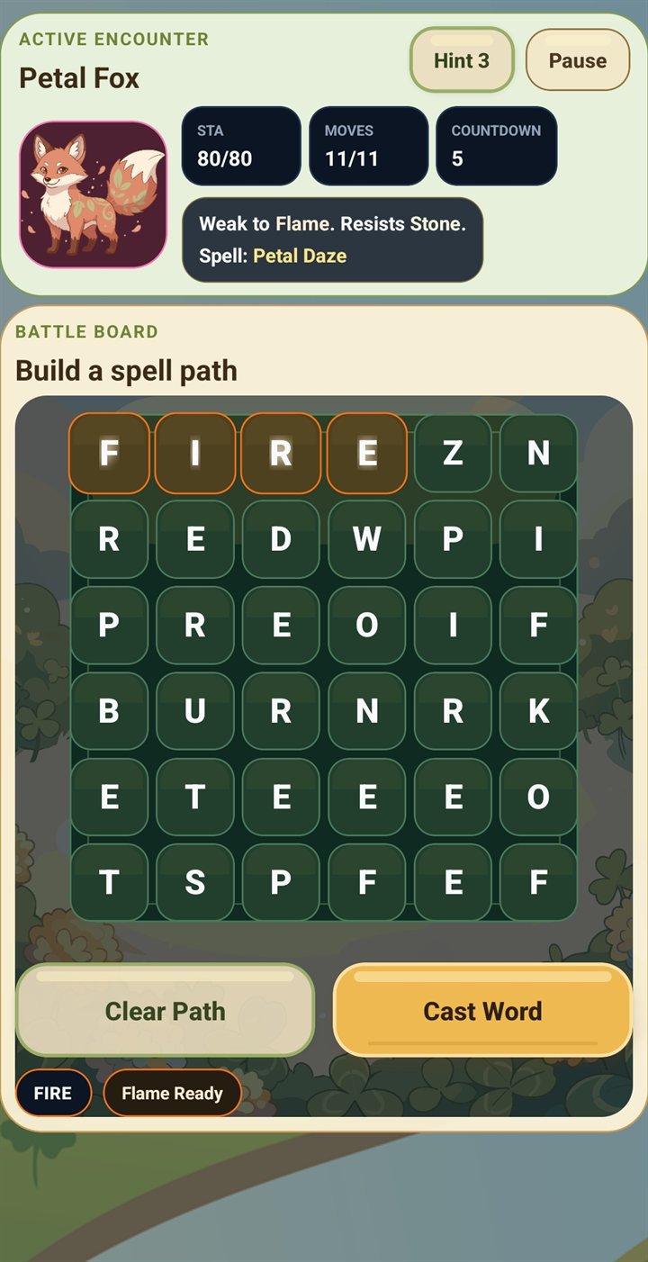 Words 'n Wands mobile battle board screenshot with a selected letter path and cast word action.